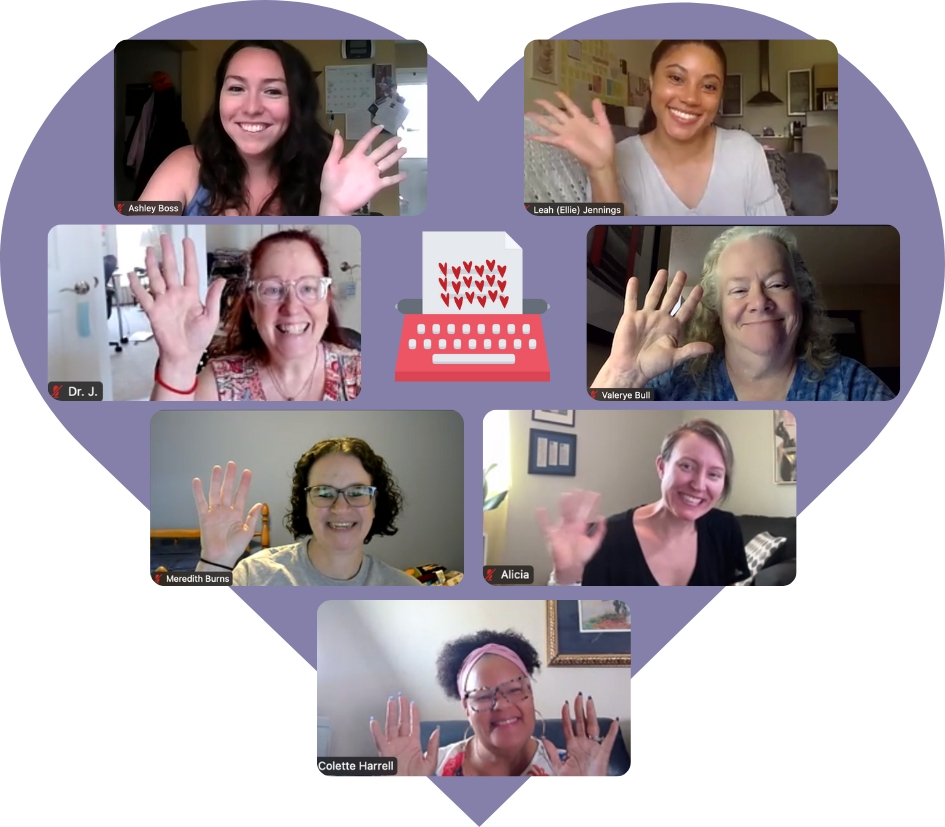 collage of 7 smiling and waving women inside a purple heart