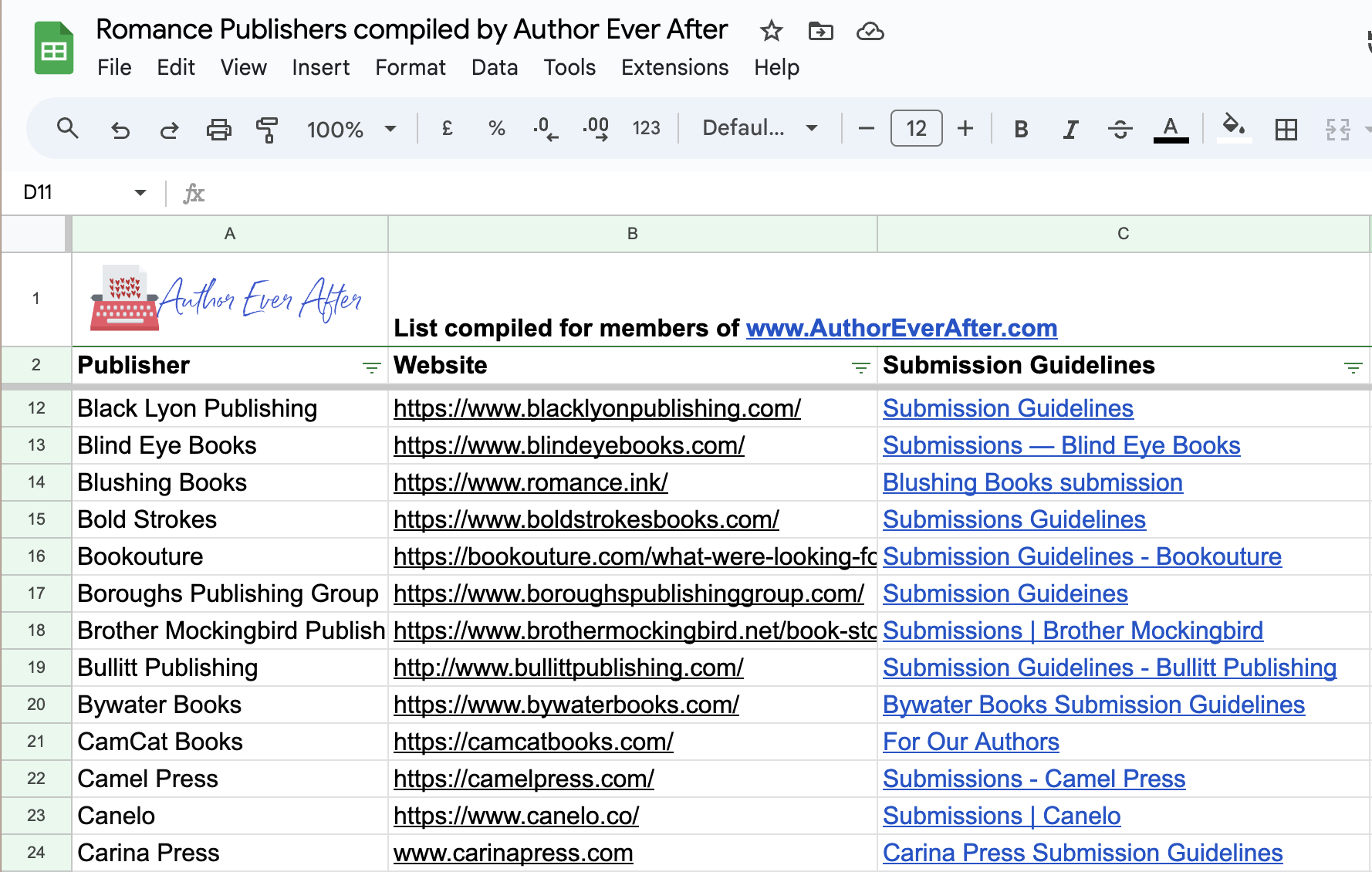 screenshot of a spreadsheet with 77 romance publishers listed
