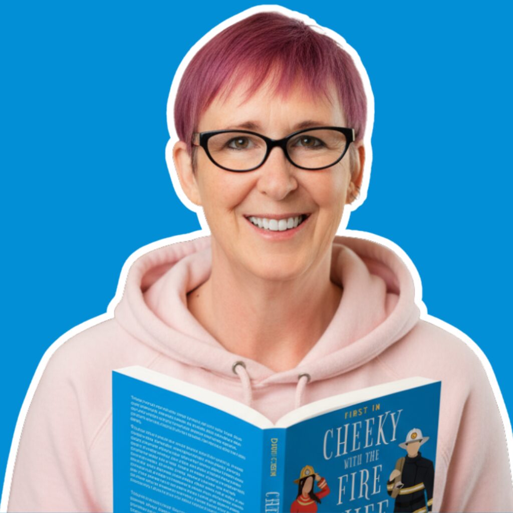 Danika with very short, dark pink hair, wearing a pale pink hoodie, reading her firefighter romance novel.