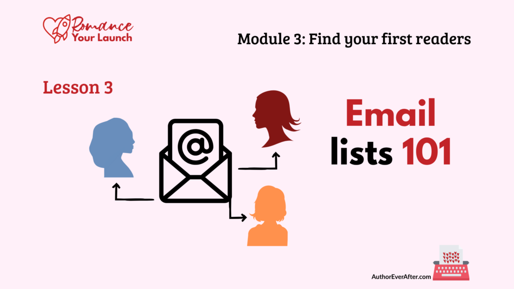 email-list-set-up-for-romance-authors Lesson slide titled 'Email lists 101' showing an open envelope sending email arrows to three different reader silhouettes.