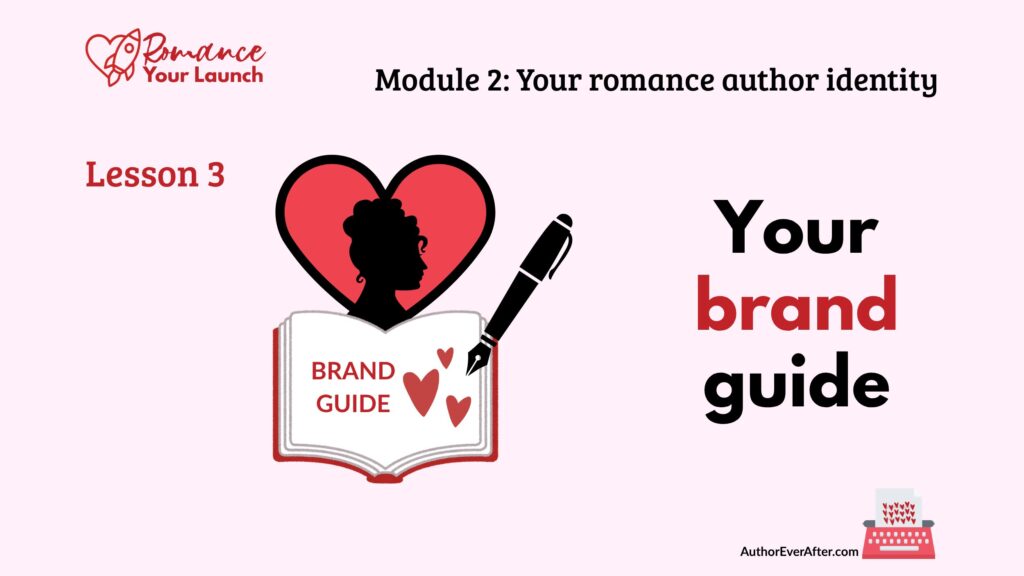 Lesson slide titled 'Your brand guide' showing a woman's silhouette in a heart above an open Brand Guide book with a fountain pen.