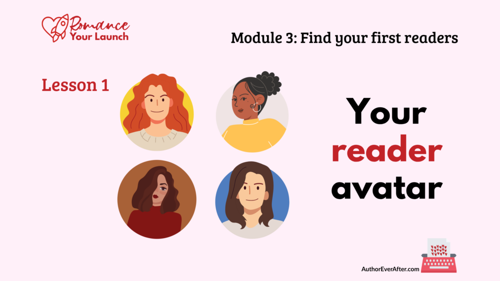 Lesson slide titled 'Your reader avatar' showing four diverse illustrated women's portrait circles representing different romance reader types.