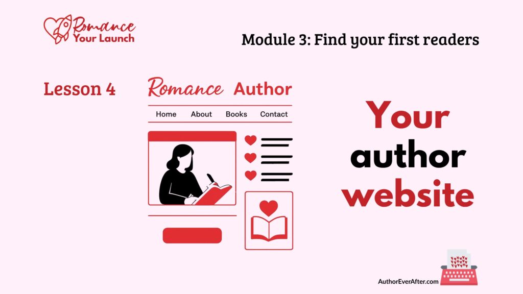 simple-author-website-for-romance-writers Lesson slide titled 'Your author website' showing a mockup of a romance author website with navigation, author photo, book listing, and call-to-action button.