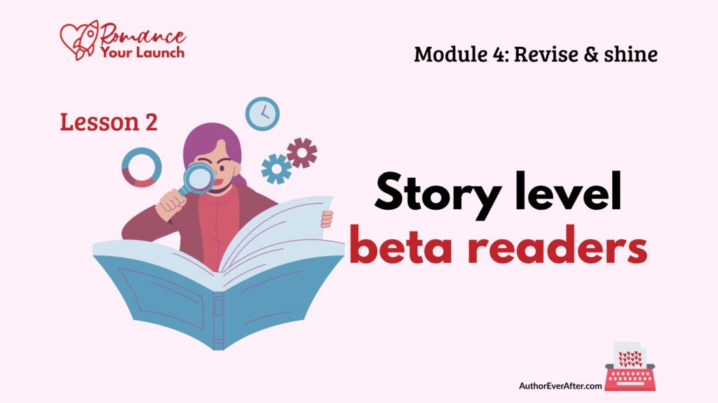 Lesson slide titled ‘Story level beta readers’ showing a person reading a large open book through a magnifying glass with clock, gears, and chart icons around them.