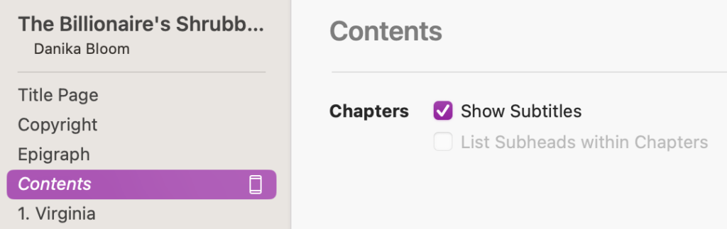 vellum-show-subtitles-in-table-of-contents | Author Ever After 😘 Vellum formatting software showing the Contents settings panel with